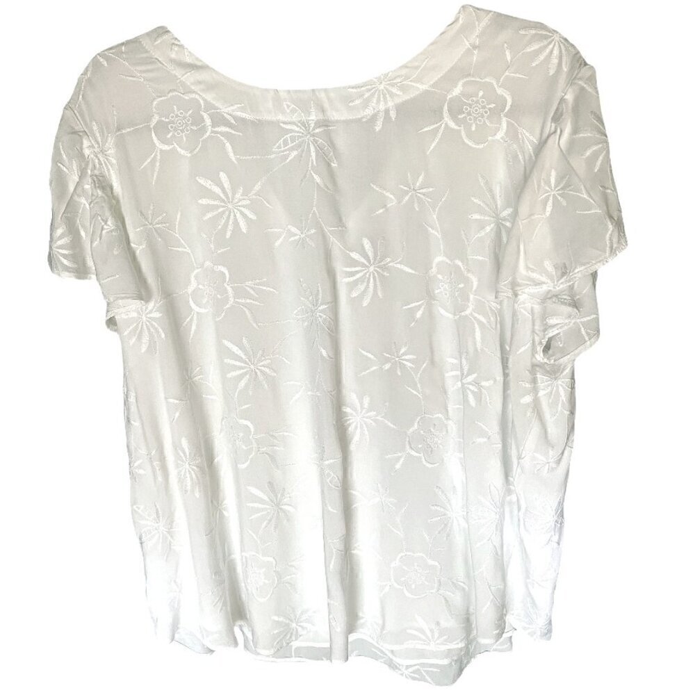Loft White Round Neck Floral Embroidered Short Sleeve Top with Tie Back Size XL